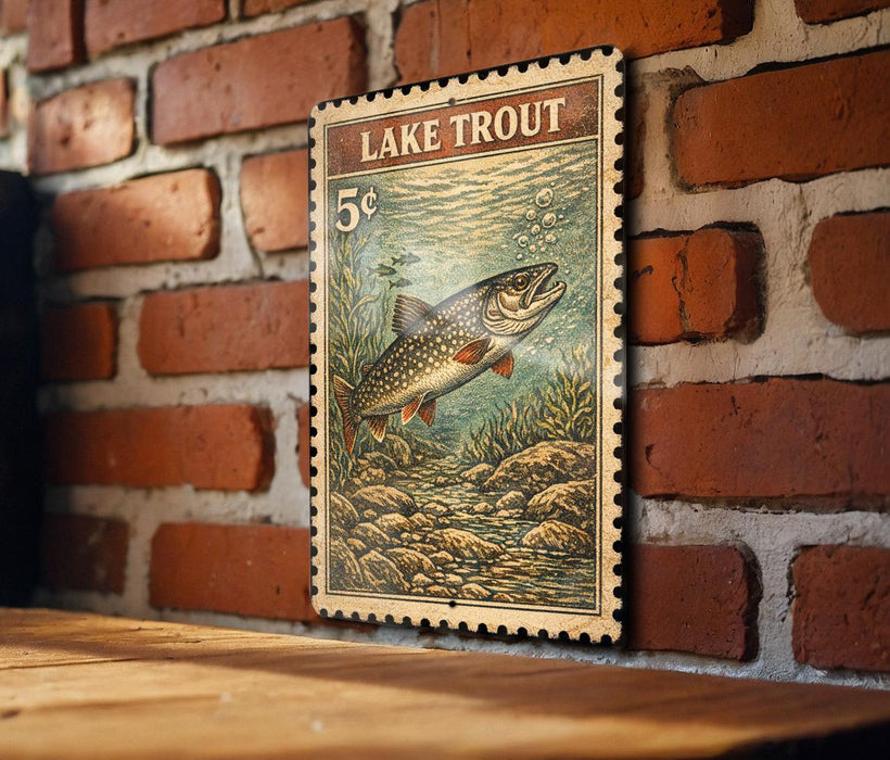 A vintage-style stamp depicting a lake trout is displayed on a brick wall.