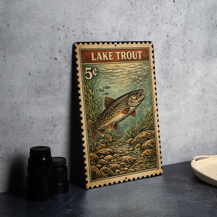A vintage-style metal sign depicting a lake trout, with the text "LAKETROUT" and the price of 5 cents.