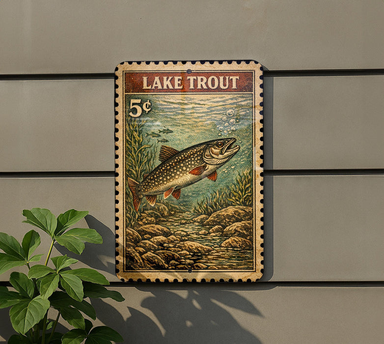 A vintage-style sign depicting a lake trout, with a price of 5 cents, mounted on a wall next to a plant.