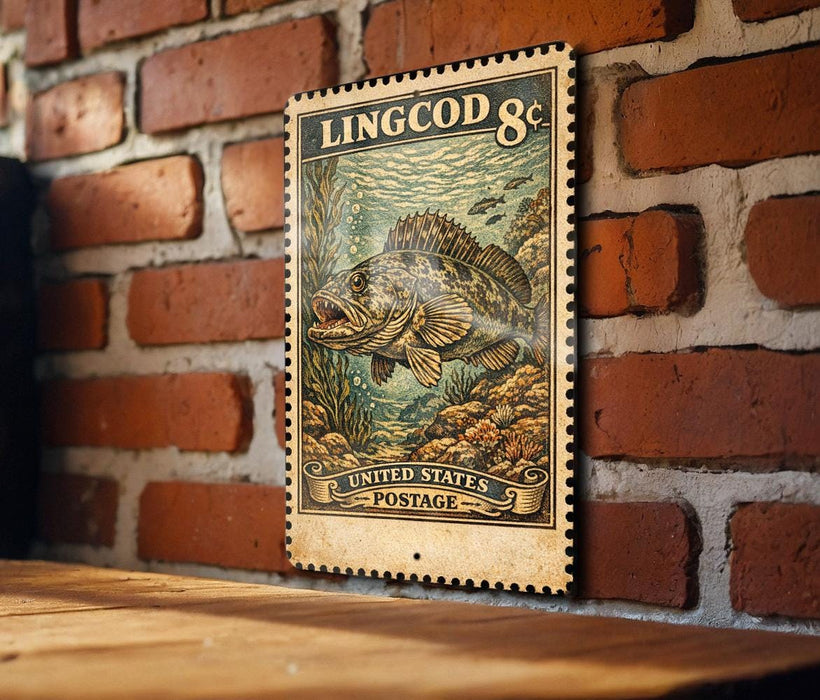 A vintage United States postage stamp featuring a fish illustration is displayed on a brick wall.
