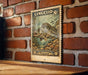 A vintage United States postage stamp featuring a fish illustration is displayed on a brick wall.