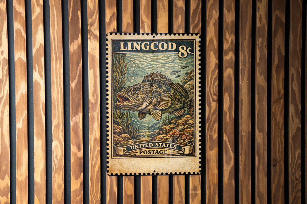 A vintage United States postage stamp featuring a fish illustration is displayed on a wooden wall.