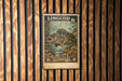 A vintage United States postage stamp featuring a fish illustration is displayed on a wooden wall.