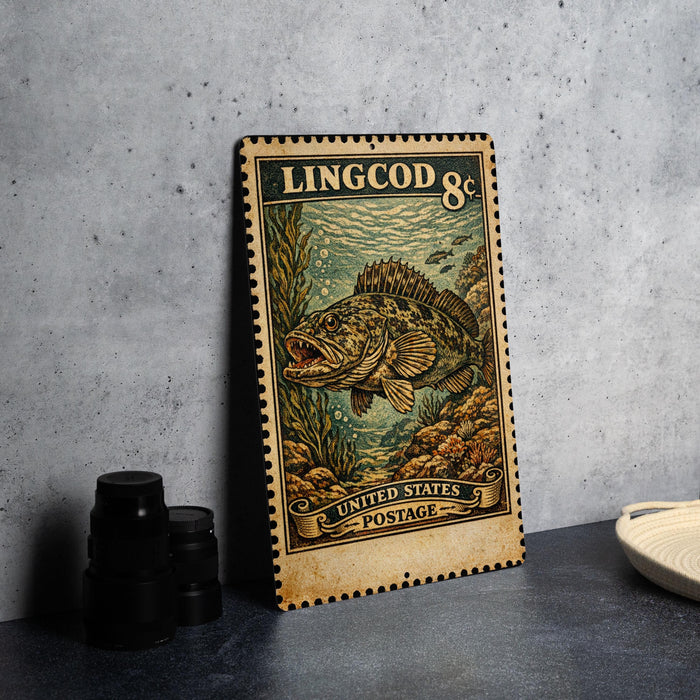 A vintage postage stamp featuring a fish, placed on a table next to some black camera lenses.