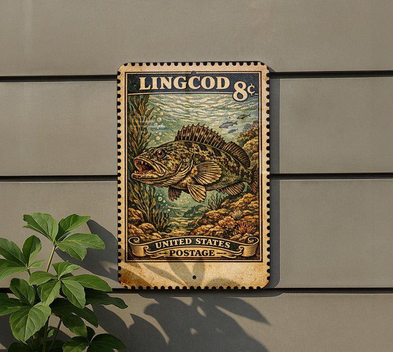 A vintage postage stamp featuring a large fish, hanging on a wall next to a plant.