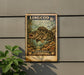 A vintage postage stamp featuring a large fish, hanging on a wall next to a plant.
