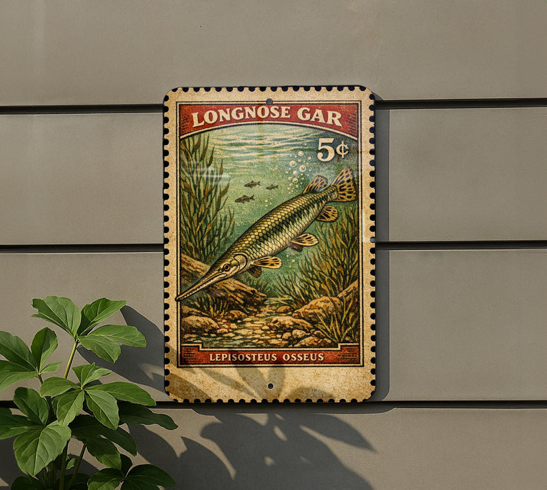 A vintage-style postage stamp featuring a fish, likely a Longnose gar, is displayed on a wall next to a plant.