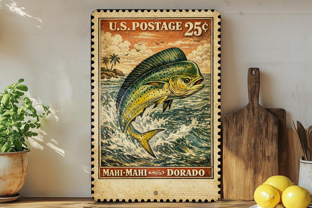A vintage U.S. postage stamp featuring a fish, likely a Mahi-Mahi, is displayed on a wooden surface next to a potted plant and a wooden cutting board.