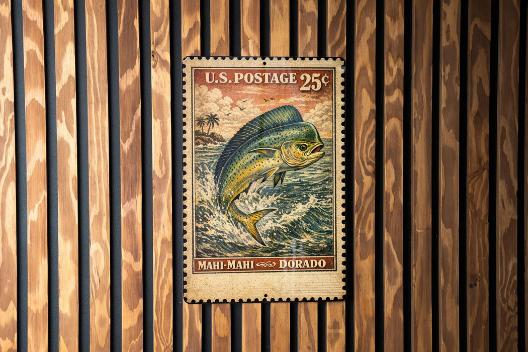 A U.S. postage stamp featuring a fish, specifically a Mahi Mahi, is displayed on a wooden wall.