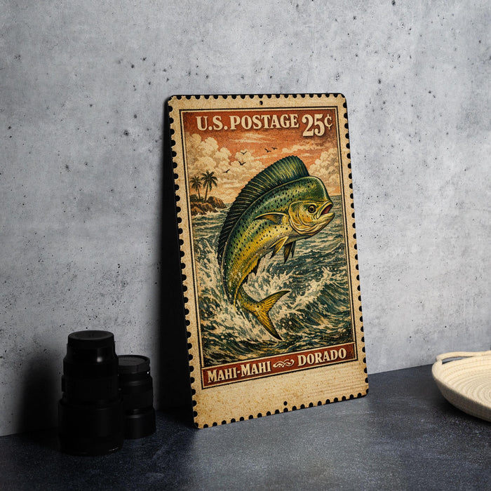 A U.S. postage stamp featuring a colorful illustration of a fish jumping out of the water, with the text "U.S. POSTAGE 25¢" and "MAHI DORADO" printed on it.