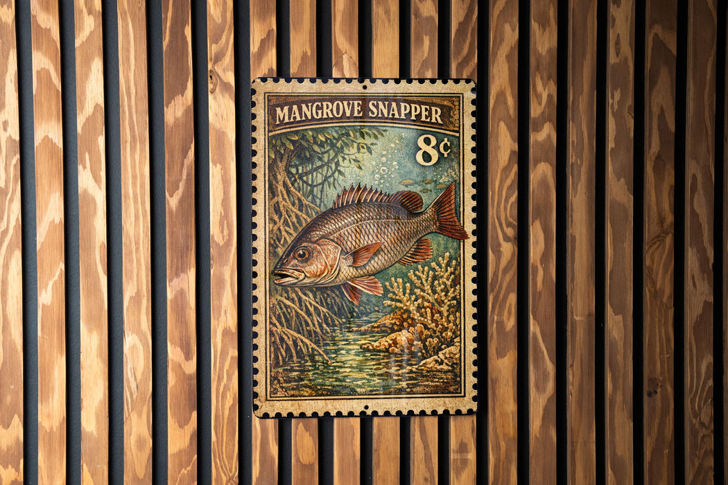 A postage stamp featuring a fish, specifically a Mangrove Snapper, against a wooden background.