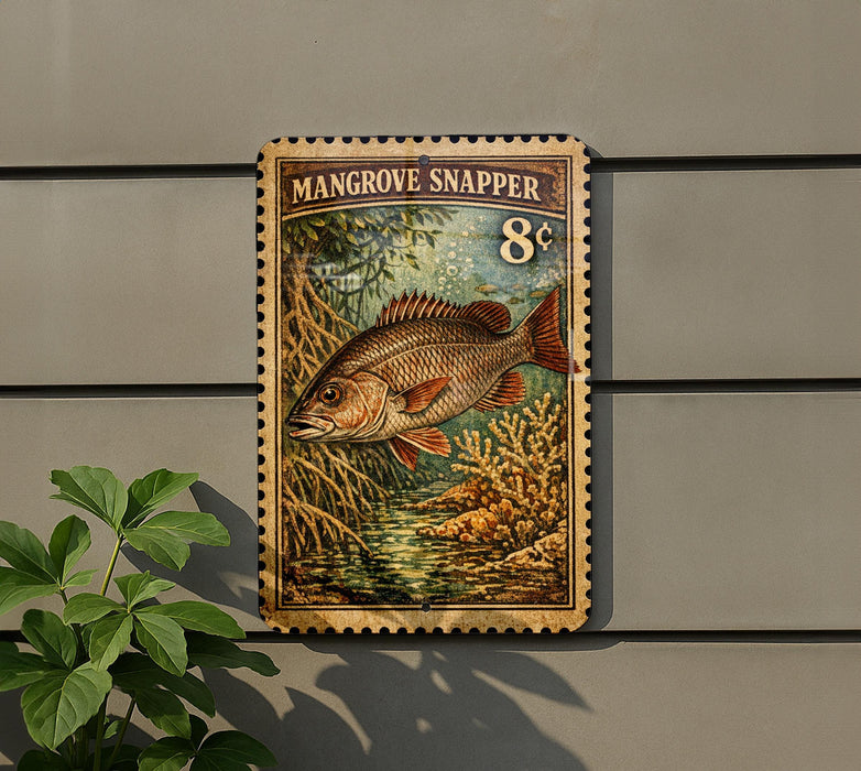 A vintage postage stamp featuring a fish, likely a Mangrove Snapper, is displayed on a wall next to a plant.