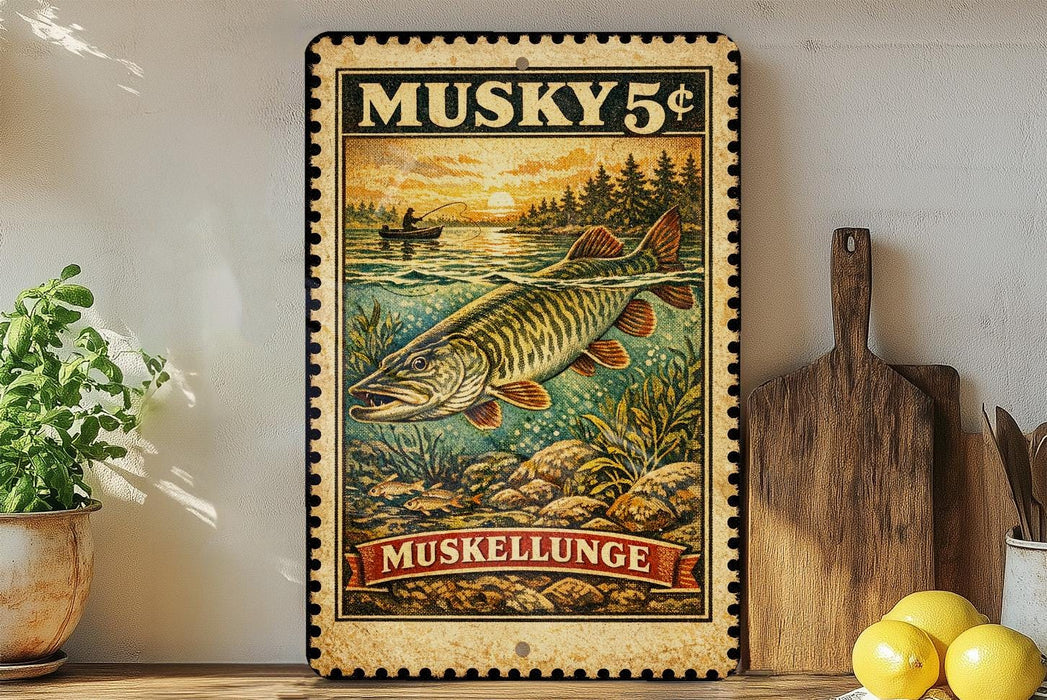 A vintage-style metal sign featuring a fish illustration and the text "Musky 5¢" is displayed on a shelf next to a wooden cutting board and a potted plant.