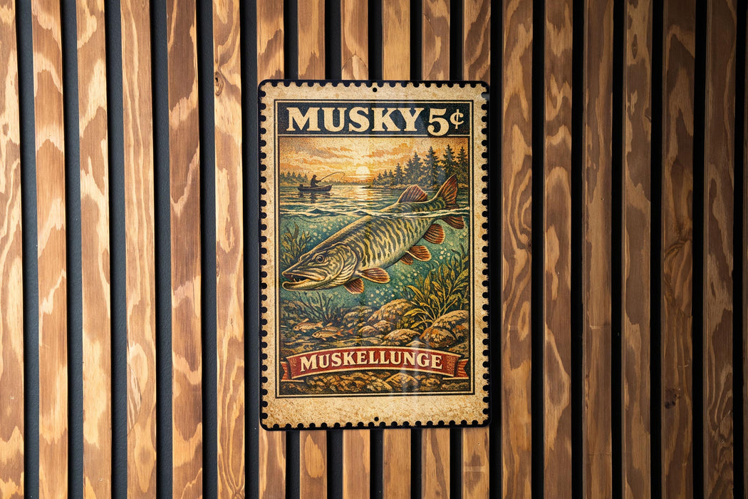 A vintage musky stamp with a fish illustration is displayed on a wooden wall.