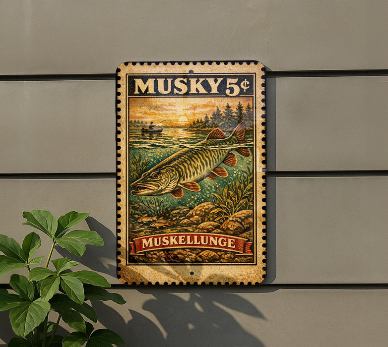 A vintage-style metal sign with a painting of a musky fish and the text "Musky 5¢" is displayed on a wall.