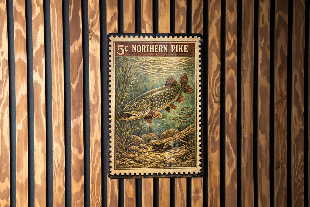 A postage stamp featuring a pike fish is displayed on a wooden wall.