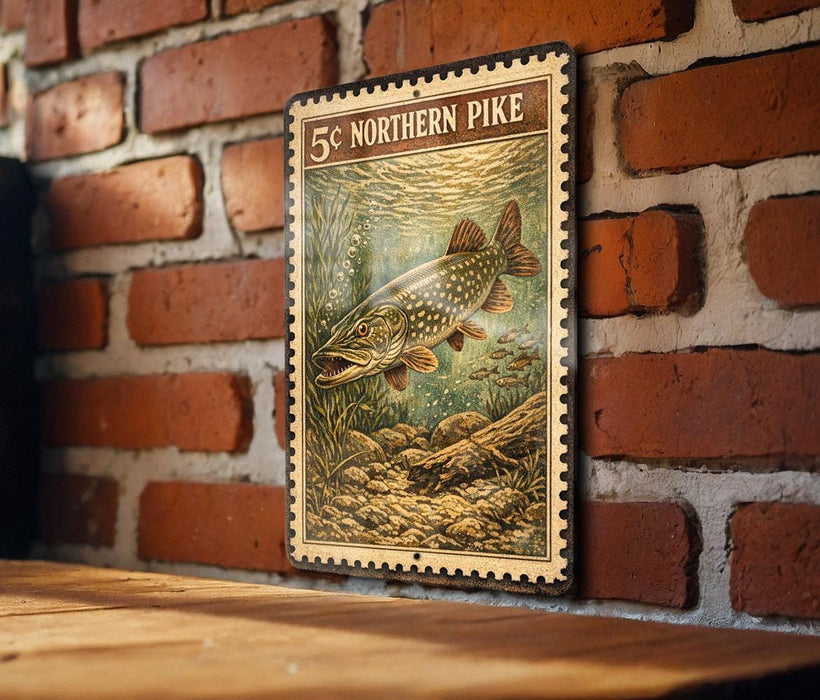 A metal sign with a fish illustration is mounted on a brick wall.