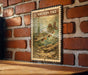 A metal sign with a fish illustration is mounted on a brick wall.