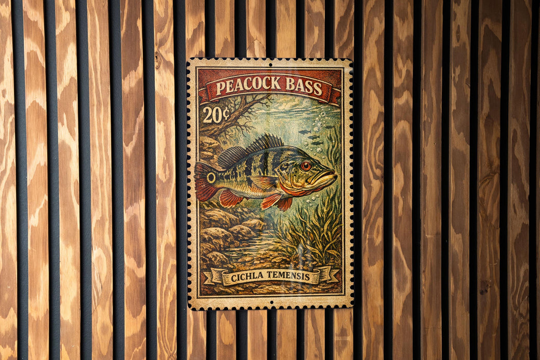 A postage stamp featuring a peacock bass, with the text "PEACOCK BASS" and "20¢" printed on it.