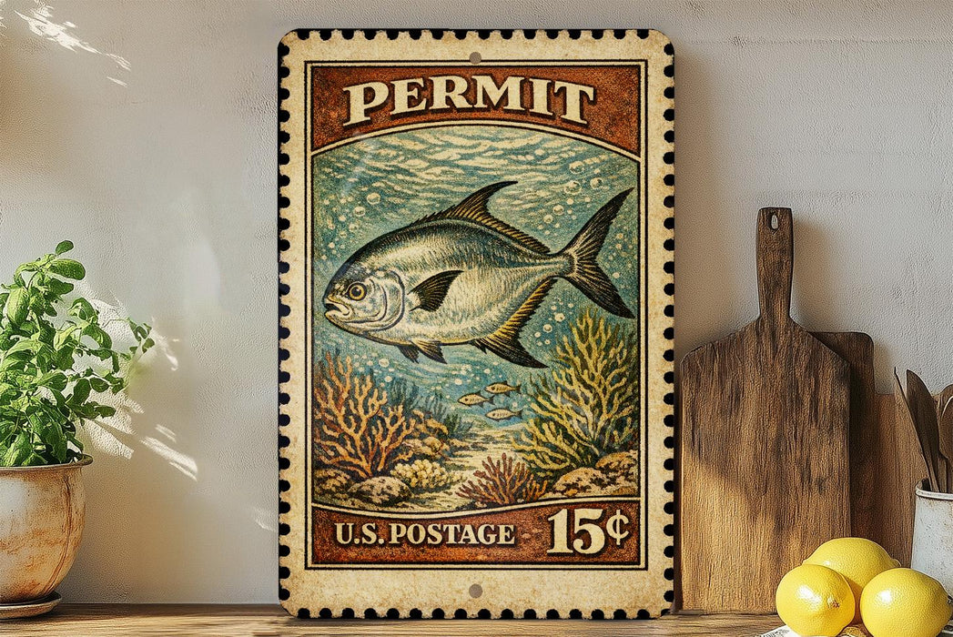 A vintage-style U.S. postage stamp featuring a fish on a coral reef, with a price of 15 cents.