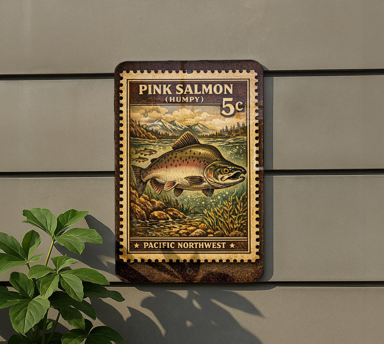 A wooden sign featuring a large illustration of a pink salmon fish, with the text "PINK SALMON (HUMPSY)" and "5c" printed on it. The sign is mounted on a wall, and there is a plant to the left of the sign.