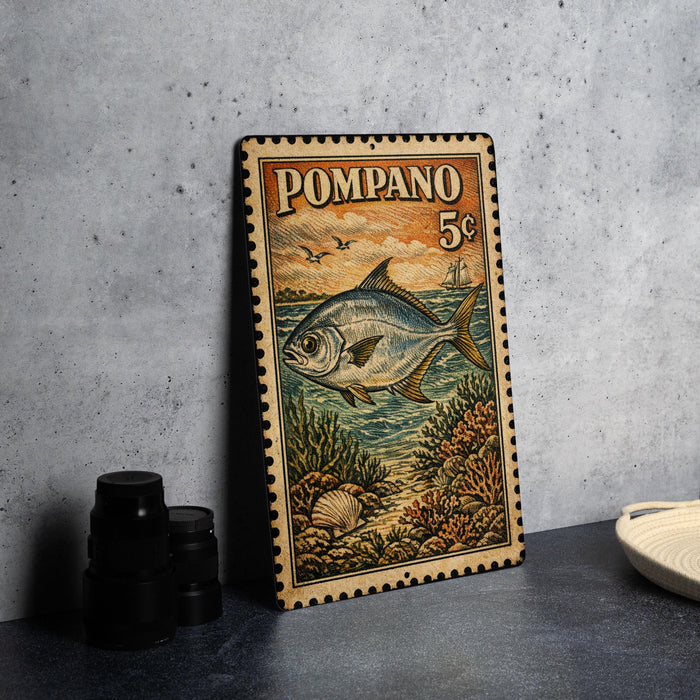 A metal stamp with a fish illustration and the text "POMPANO 5¢" is displayed on a table.