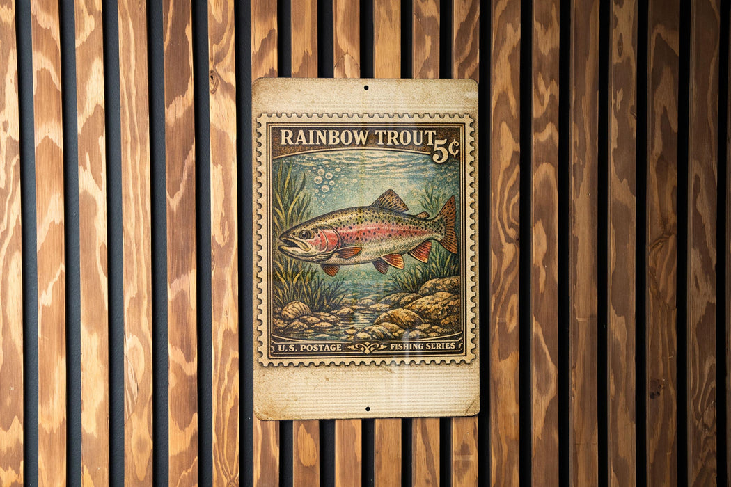 A vintage U.S. postage stamp featuring a rainbow trout, mounted on a wooden wall.
