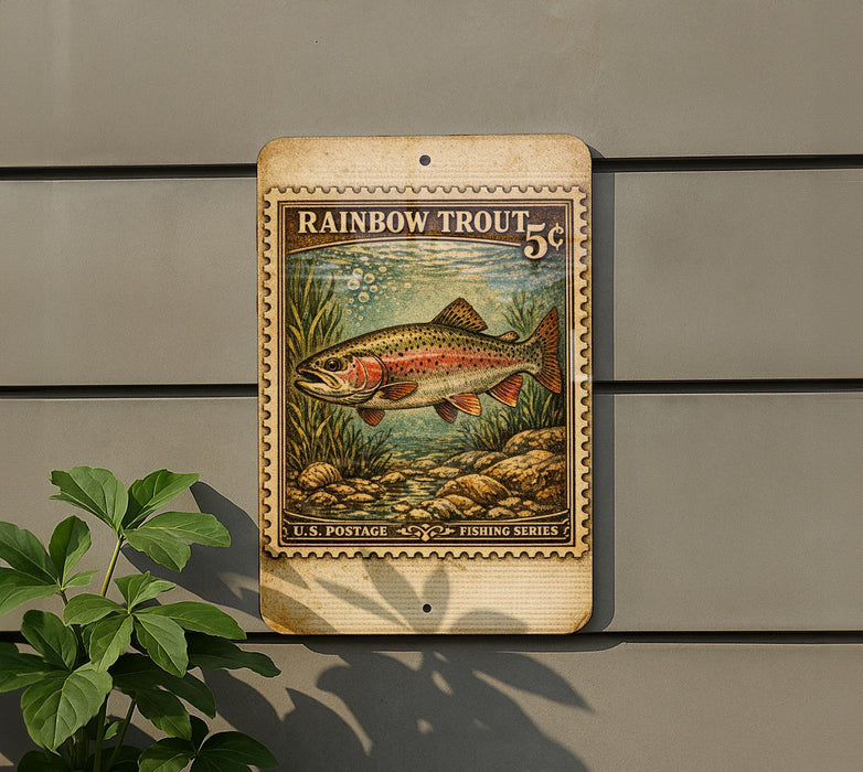 A vintage-style postage stamp featuring a rainbow trout, mounted on a wall next to a plant.