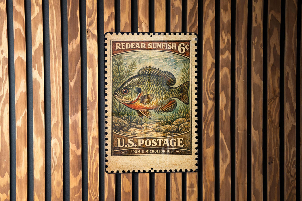 A U.S. postage stamp featuring a redear sunfish, with the text "REDEAR SUNFISH 6¢" and "U.S. POSTAGE LEPOMIS MICROPLOHUS" printed on it.