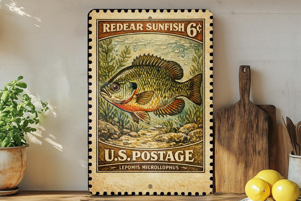 A vintage-style stamp featuring a sunfish, with text indicating it is a Redear Sunfish 6¢ from the U.S. Postal Service. The stamp is displayed on a wooden surface, with a potted plant and a wooden cutting board visible in the background.