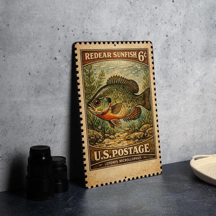 A vintage-style stamp depicting a sunfish, with the text "REDEAR SUNFISH 6¢" and "U.S. POSTAGE" printed on it.