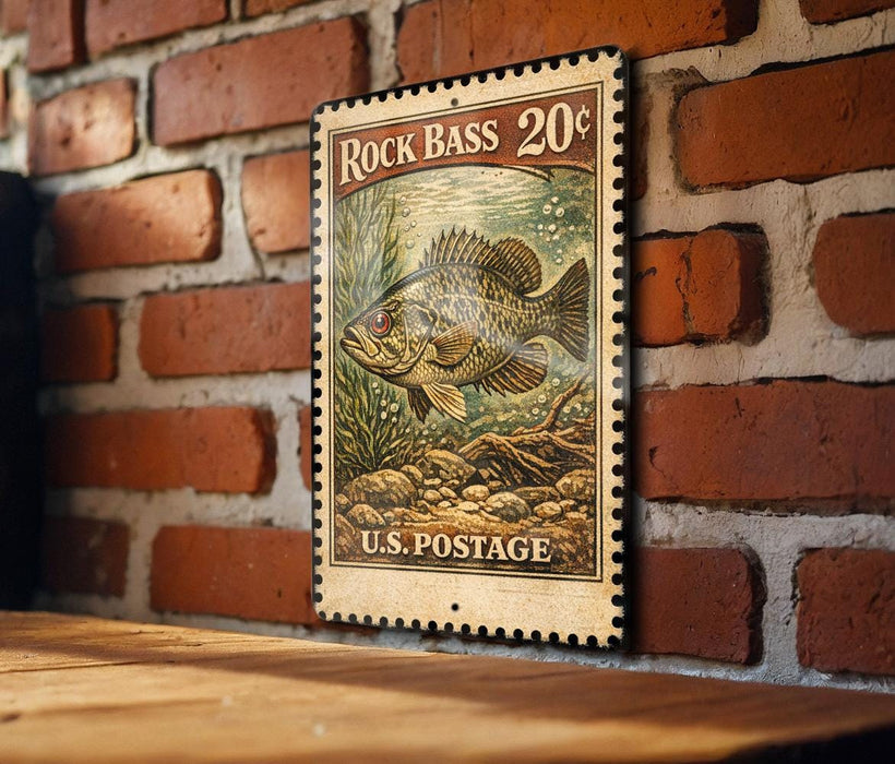 A vintage-style postage stamp featuring a large bass fish, mounted on a brick wall.