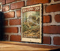 A vintage-style postage stamp featuring a large bass fish, mounted on a brick wall.