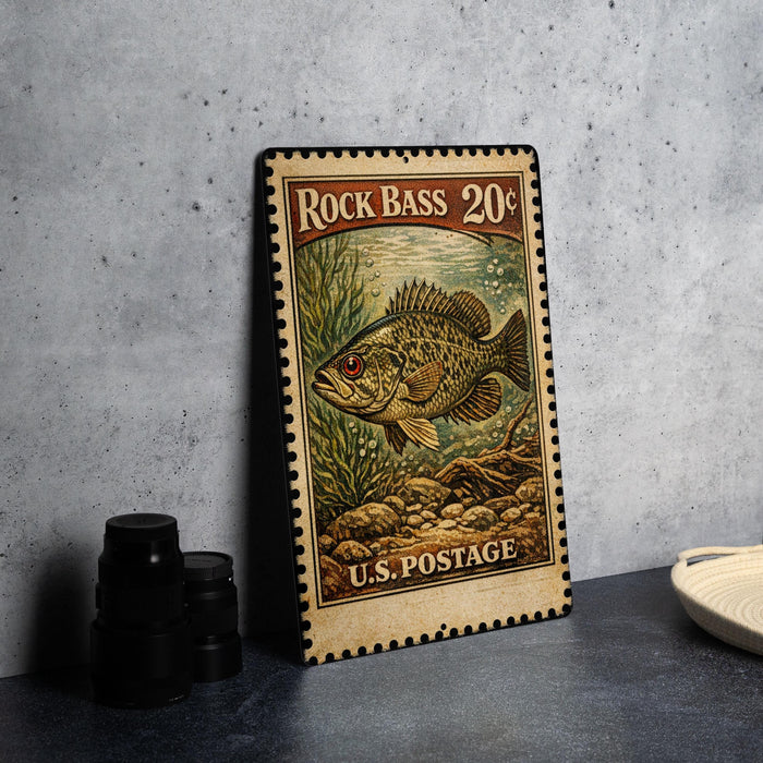 A vintage-style postage stamp featuring a rock bass fish, placed on a gray surface next to some black camera lenses.