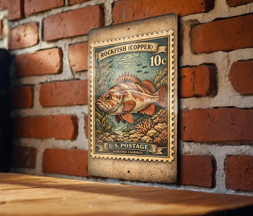 A vintage-style postage stamp featuring a large, colorful fish is displayed on a brick wall.