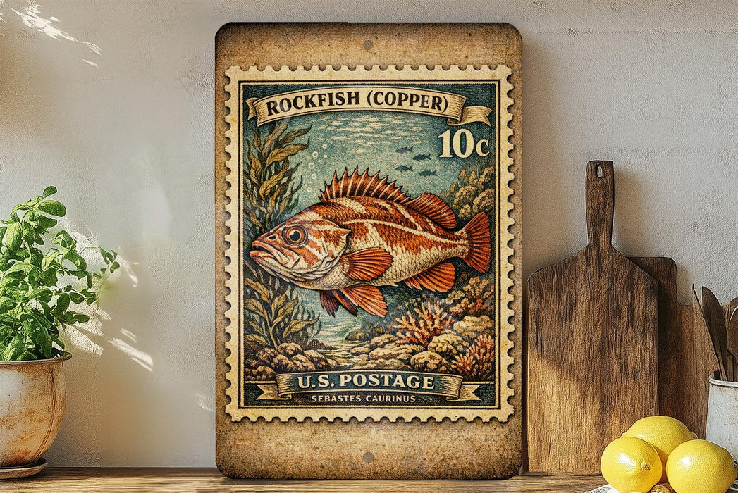 A vintage-style postage stamp featuring a rockfish, with the text "ROCKFISH (COpper) 10c" and "U.S. POSTAGE SEBASTES CAURINIS". The stamp is displayed on a wooden surface, with a potted plant, a cutting board, and some lemons nearby.