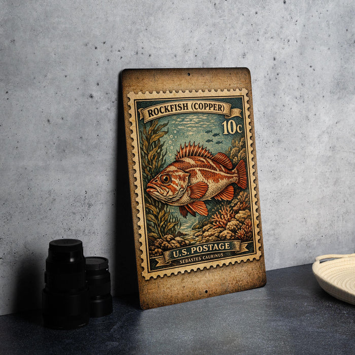 A vintage-style postage stamp featuring a large illustration of a rockfish, with the text "ROCKFISH (COpper) 10c" and "U.S. POSTAGE U.S. POSTAGE" printed on it.