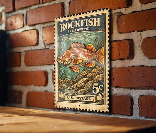 A vintage-style postage stamp featuring a colorful illustration of a rockfish, mounted on a brick wall.