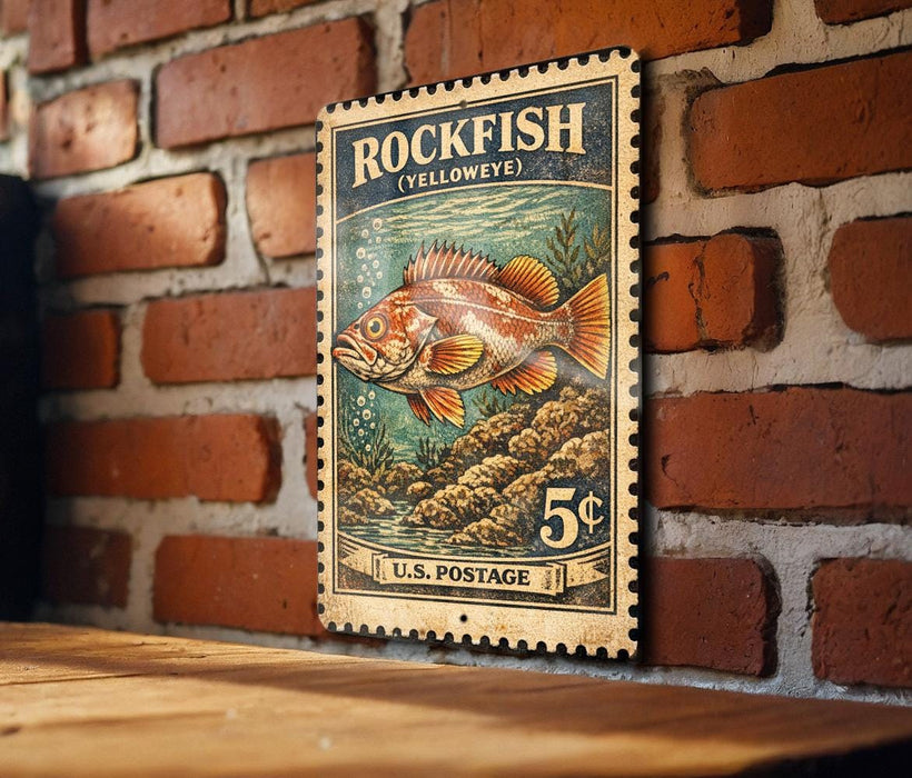 A vintage-style postage stamp featuring a colorful illustration of a rockfish, mounted on a brick wall.