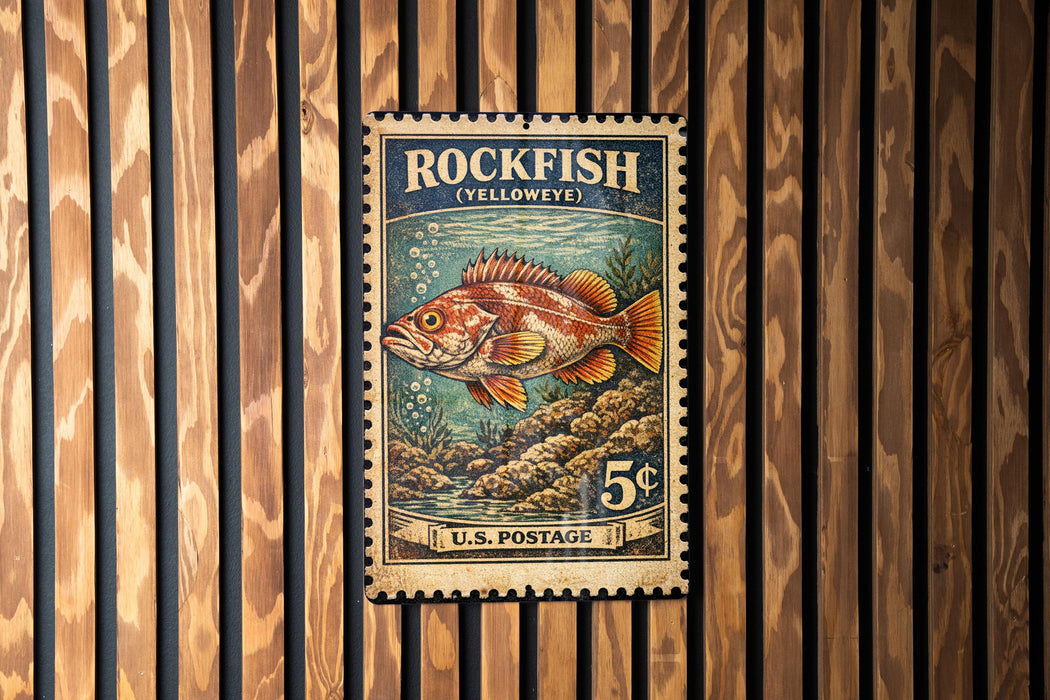A vintage U.S. postage stamp featuring a colorful illustration of a rockfish, with the text "ROCKFISH (YELLOWEYE)" and "5¢" printed on it.