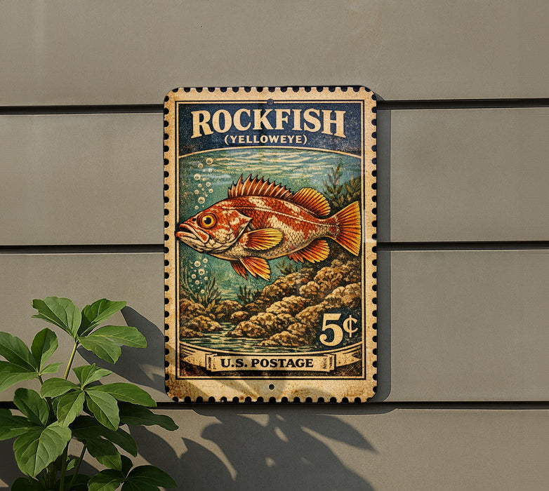 A vintage Rockfish postage stamp is displayed on a wall, featuring a colorful illustration of a rockfish swimming in the ocean.