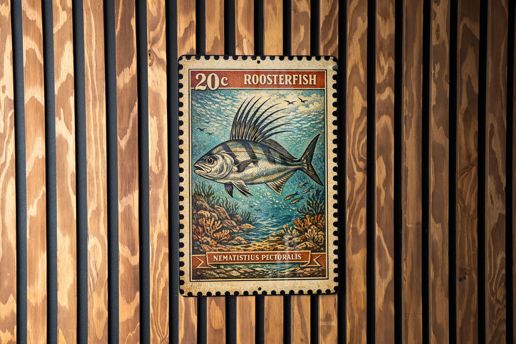 A 20c roosterfish postage stamp is displayed on a wooden wall.