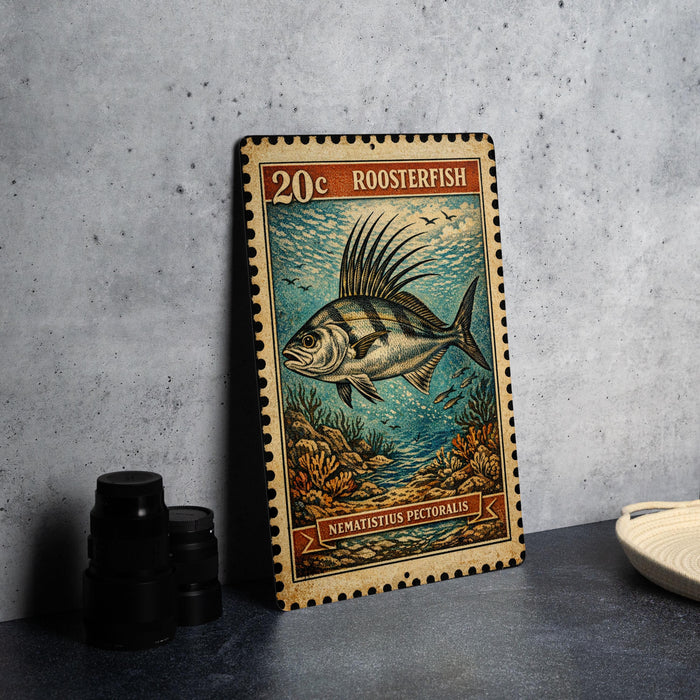 A 20c Roosterfish postage stamp featuring a detailed illustration of a roosterfish swimming in the ocean, with a coral reef and other marine life in the background.