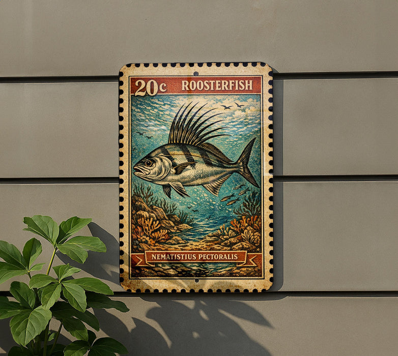 A 20c roosterfish stamp is displayed on a wall, featuring an illustration of a roosterfish swimming in the ocean.