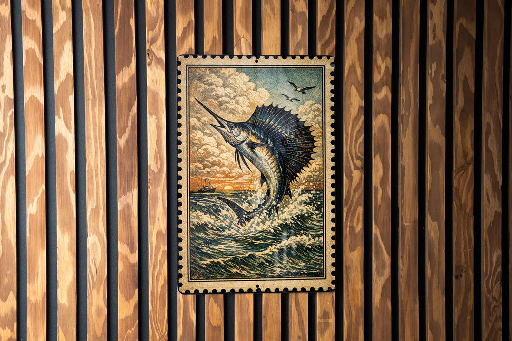 a framed painting of a blue marlin fish leaping out of the water, set against a wooden background.