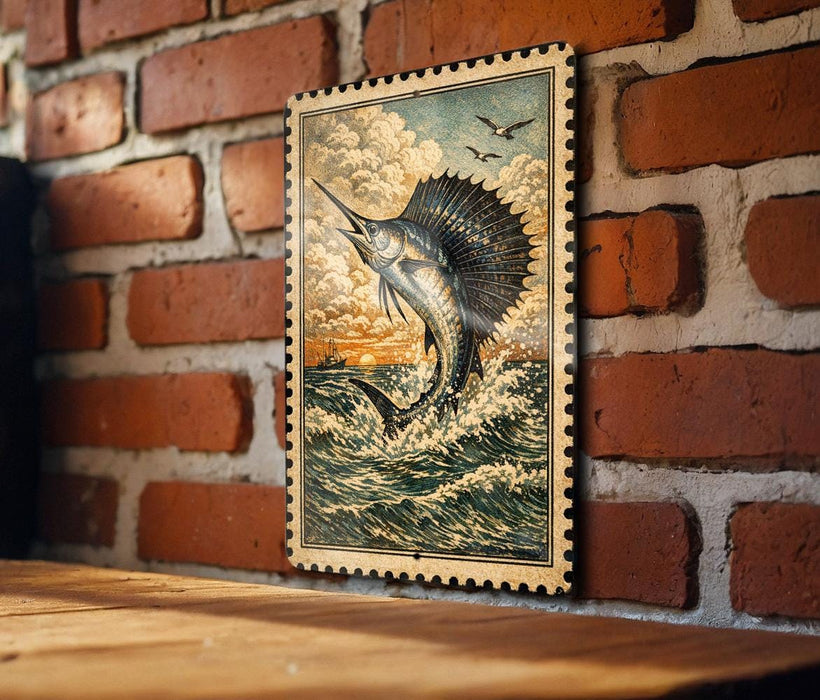 a framed painting of a sailfish leaping out of the water, set against a brick wall.