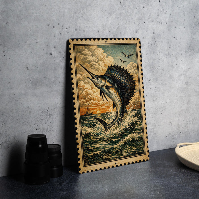 a framed painting of a large fish, possibly a sailfish, leaping out of the water against a backdrop of a cloudy sky.
