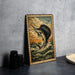 a framed painting of a large fish, possibly a sailfish, leaping out of the water against a backdrop of a cloudy sky.