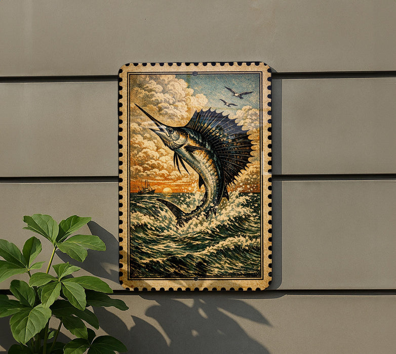 a framed painting of a sailfish leaping out of the water, with a cloudy sky and sunset in the background.