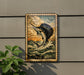 a framed painting of a sailfish leaping out of the water, with a cloudy sky and sunset in the background.
